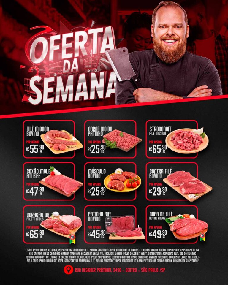 PSD FLYER FREE - TEMPLATE - CANVA - FREEPIK - DESIGNI - DESIGNER - AÇOUGUE - CARNE - CHURRASCO - OFERTA DA SEMANA - SUPERMERCADO - IFOOD - DELIVERY - SOCIAL MEDIA