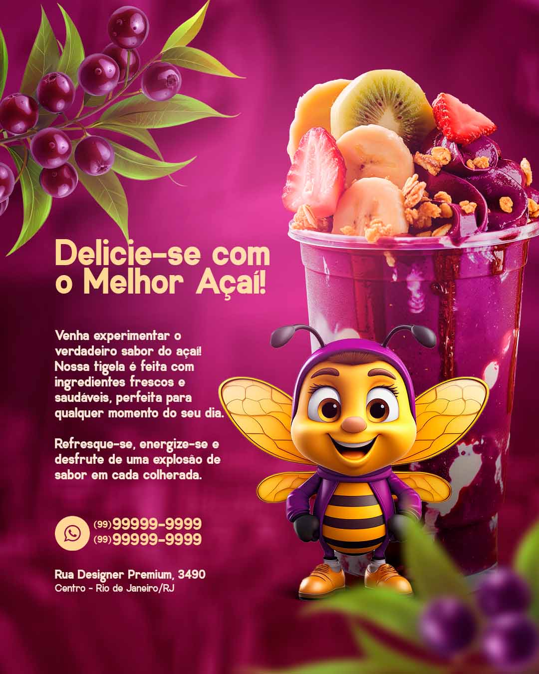 PSD FLYER FREE - TEMPLATE - CANVA - FREEPIK - DESIGNI - DESIGNER - DELICIE-SE COM O MELHOR AÇAI - AÇAI - AÇAÍ - SORVETE - SORVETERIA - SOCIAL MEDIA