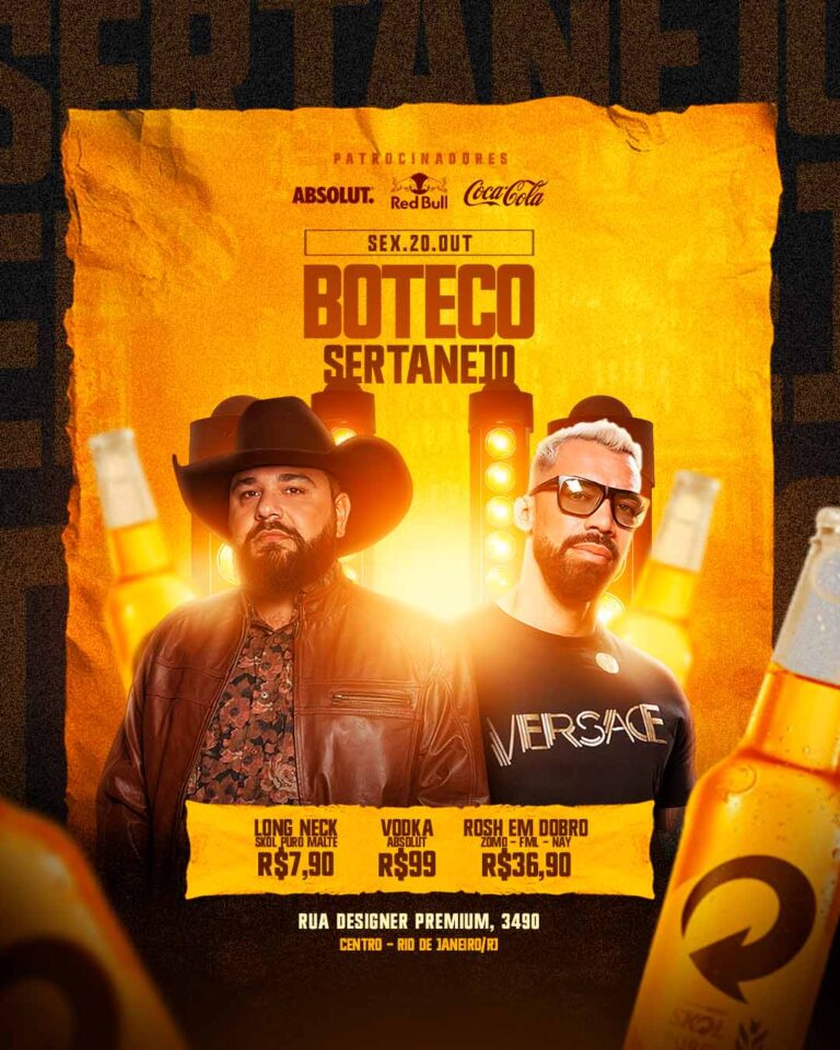 PSD FLYER FREE - TEMPLATE - CANVA - FREEPIK - DESIGNI - DESIGNER - DESIGN - BOTECO SERTANEJO - SERTANEJA - PISEIRO - FORRÓ - LOUNGER - PUB - BARZINHO - EVENTOS