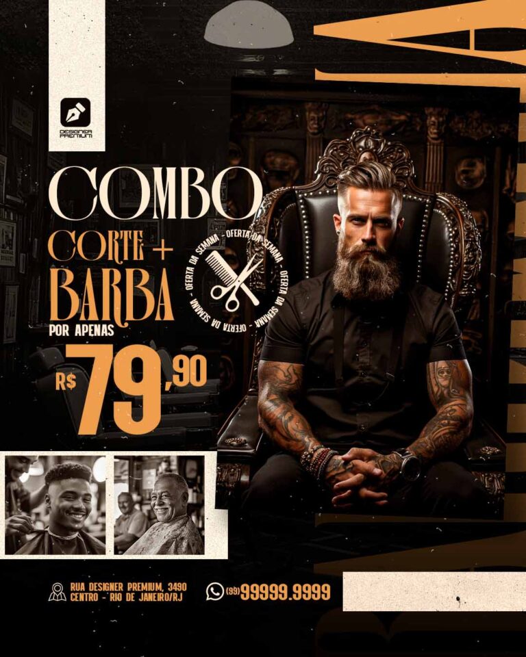 PSD FLYER FREE - TEMPLATE - CANVA - FREEPIK - DESIGNI - DESIGNER - DESIGN - COMBO - BARBA E CORTE - BARBEARIA - BARBA - AGENDE SEU HORARIO - SOCIAL MEDIA