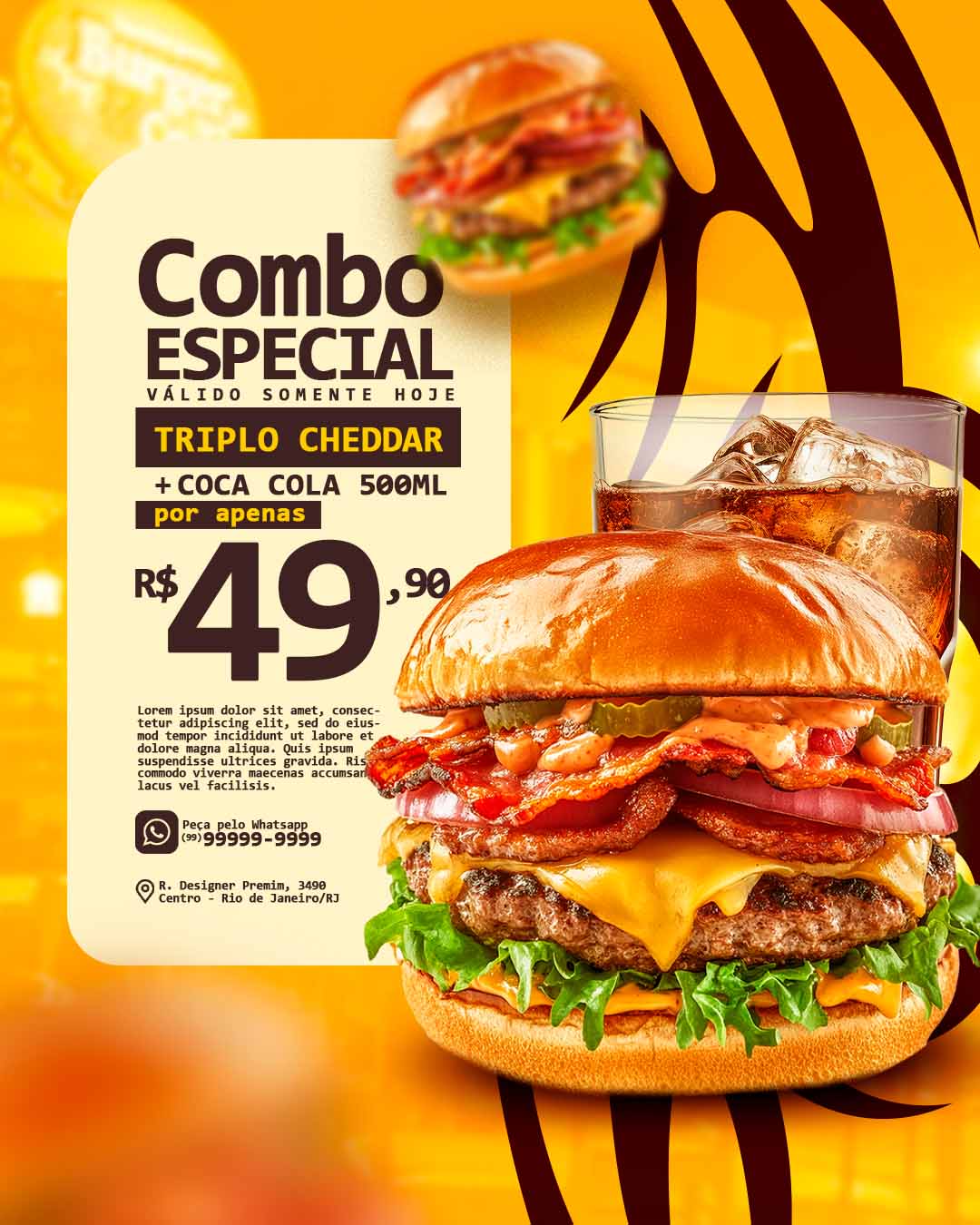 PSD FLYER FREE - TEMPLATE - CANVA - FREEPIK - DESIGNI - DESIGNER - PSD HAMBURGUER COMBO - RESTAURANTE - SOCIAL MEDIA