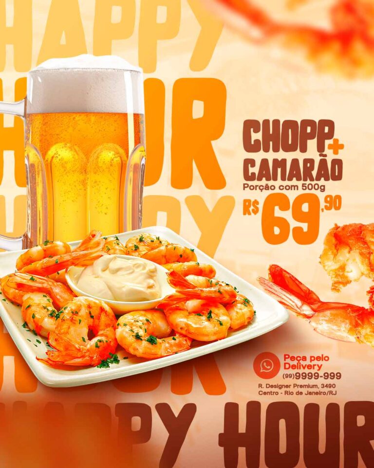 PSD FLYER FREE - TEMPLATE - CANVA - FREEPIK - DESIGNI - DESIGNER - PSD HAPPY HOUR CAMARÃO + CHOPP - SOCIAL MEDIA