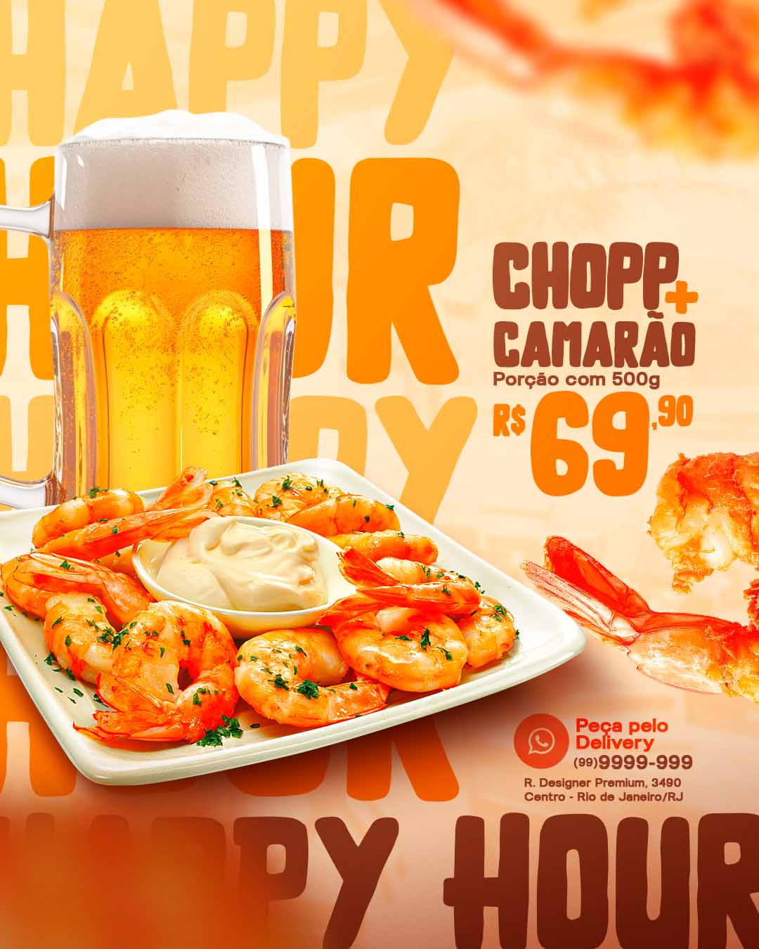 PSD FLYER FREE - TEMPLATE - CANVA - FREEPIK - DESIGNI - DESIGNER - PSD HAPPY HOUR CAMARÃO + CHOPP - SOCIAL MEDIA