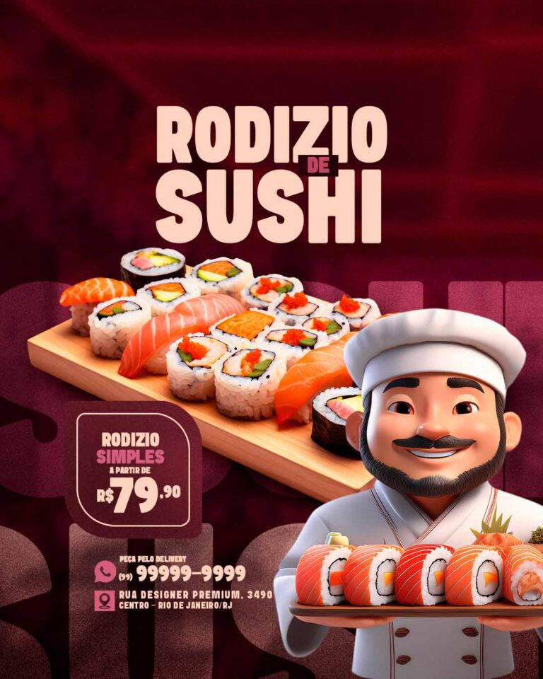 PSD FLYER FREE - TEMPLATE - CANVA - FREEPIK - DESIGNI - DESIGNER - PSD RODIZIO DE SUSHI - RESTAURANTE - SOCIAL MEDIA